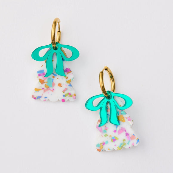 Martha Jean Puffy WHITE Christmas Tree Earrings with GREEN bow