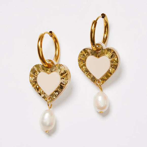 Martha Jean Heart and Pearl Earrings - Gold / Beige