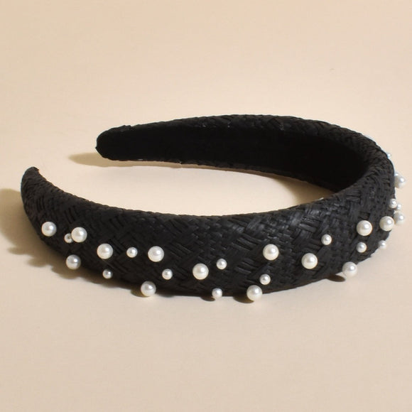 Adorne Pearl Embellished Weave Headband- Black/Cream