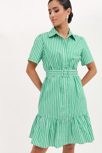 Adorne Nathalia Poplin Stripe Dress - Green/White Stripe - Size 18