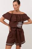 Adorne Serena Linen Frill Top Chocolate - Size 8