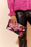 Adorne Hand Beaded Floral Clutch - Black Pink
