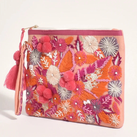 Adorne Hand Crafted Floral Zip Top Clutch