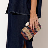 Adorne Ellery Resin Clasp Woven Structured Clutch- Natural/Navy