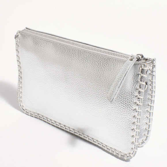 Adorne Bobbi Blanket Stitch Clutch- Silver