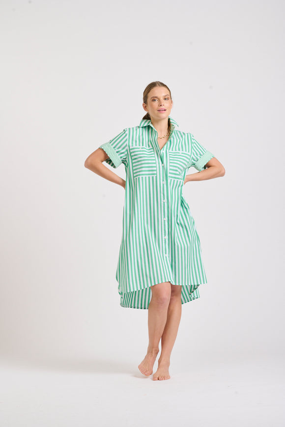 Shirty The Evie  Short Sleeved Shirt Dress - Green Stripe Combo