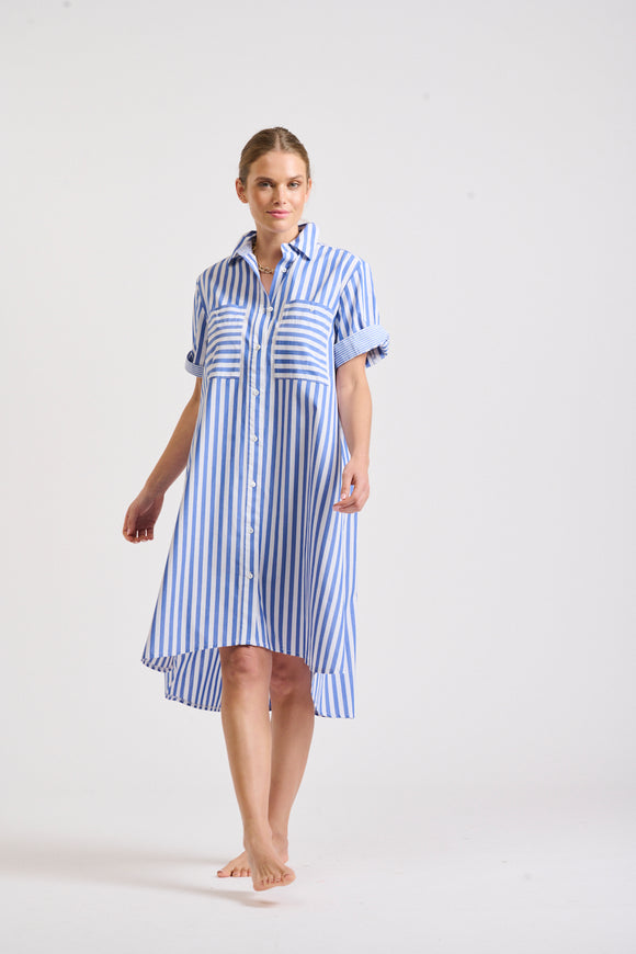 Shirty The Evie Short Sleeved Shirt Dress - Mid Blue Stripe Combo