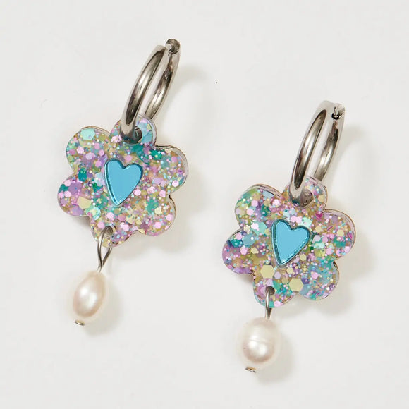 Martha Jean Heart Flower + Pearl Earrings - Blue Mermaid