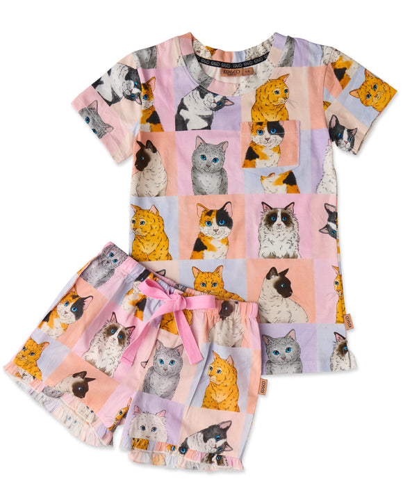 Kip & Co Kitty Cat Kids Organic Cotton Short Sleeve Tee & Frill Short Pyjama Set