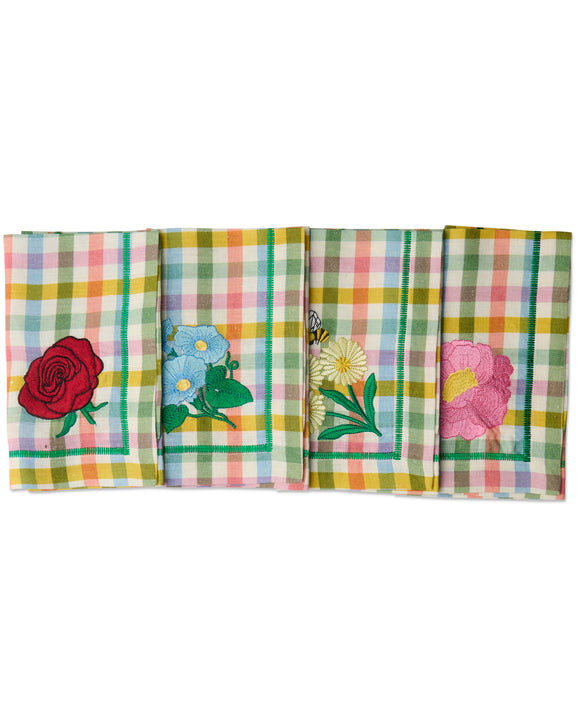 Kip & Co Sweet Flowers Tartan Embroidered 4P Napkin Set One Size