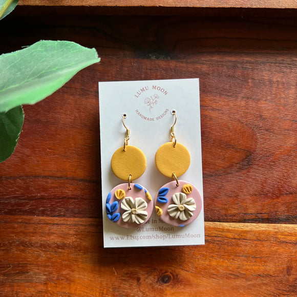 Lumu Moon Pink & Yellow Floral Earrings - Round style