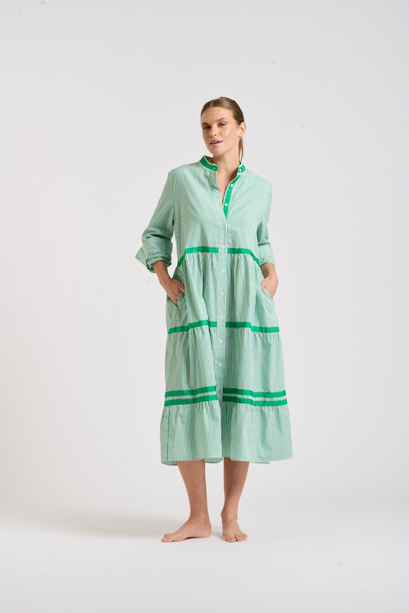 Shirty Sandy Relaxed Tiered Dress - Green Stripe - Size L