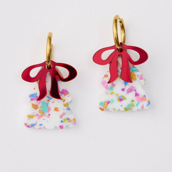 Martha Jean Puffy WHITE Christmas Tree Earrings with RED bow
