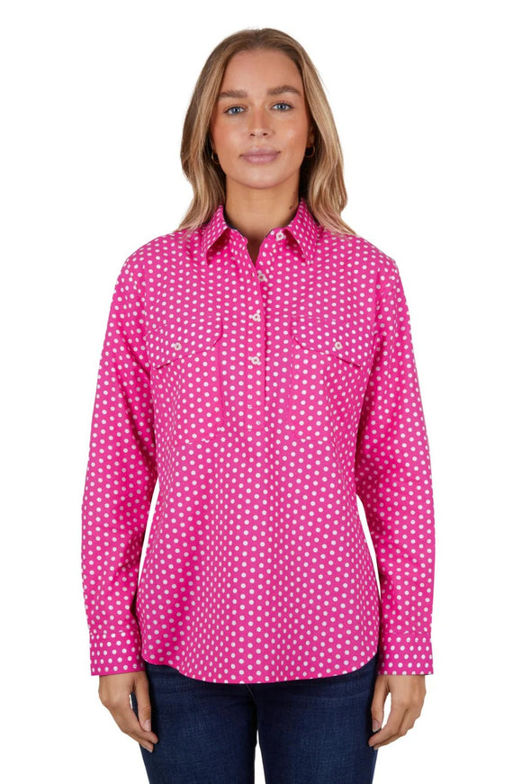 Hard Slog Womens Kelly Half Placket L/S  - Pink - Size 14