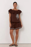 Adorne Serena Linen Frill Top Chocolate - Size 8